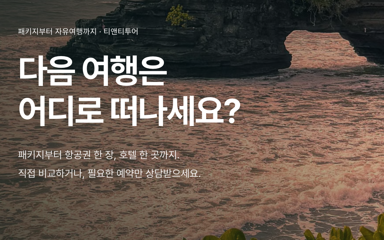 여행 예약 상담을 소개하는 티앤티투어 웹사이트의 상단 대표 영역